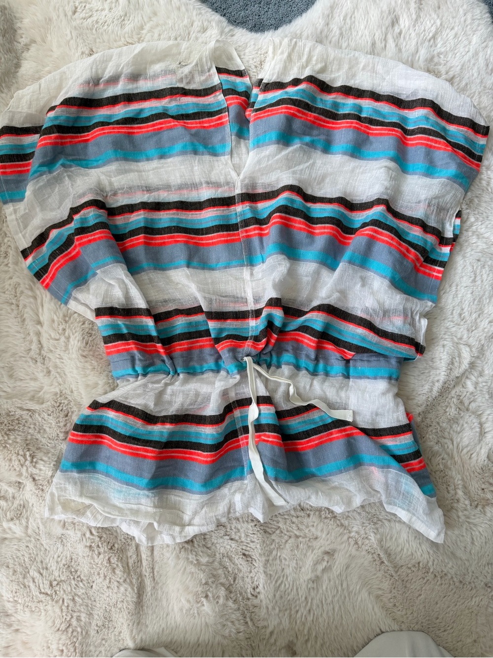 Lemlem Striped Beach Tunic Top - White with Turquoise, Coral & Black Stripes